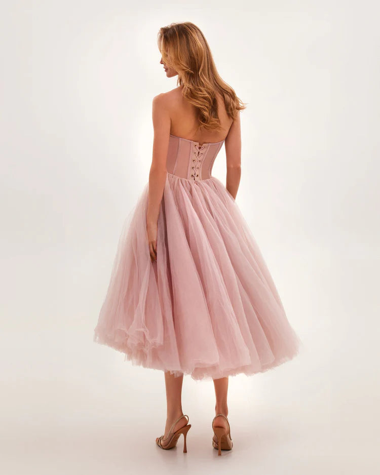 Strapless Blush Bloom Midi Tulle Dress