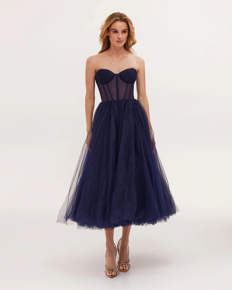 Strapless Navy Bloom Midi Tulle Dress