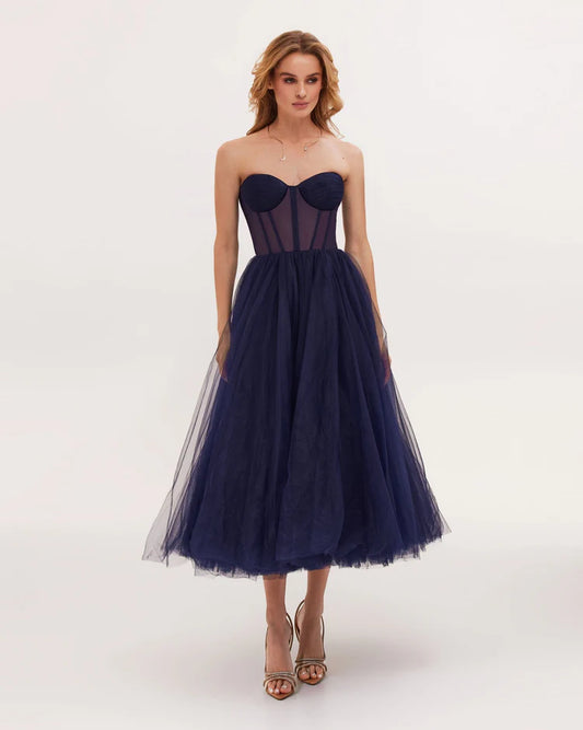 Strapless Navy Bloom Midi Tulle Dress