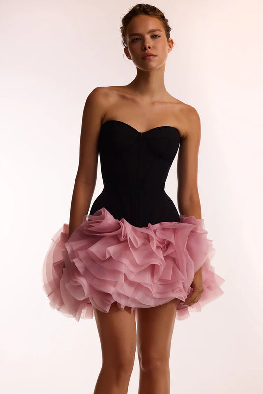 Heart Shaped Black Corset with Ruched Flower Mini Skirt