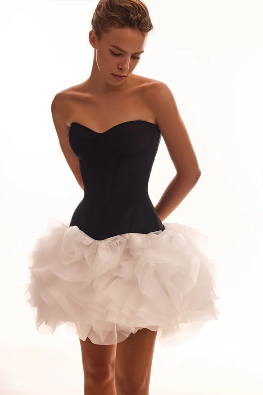 Heart Shaped Black Corset with Ruched White Flower Mini Skirt