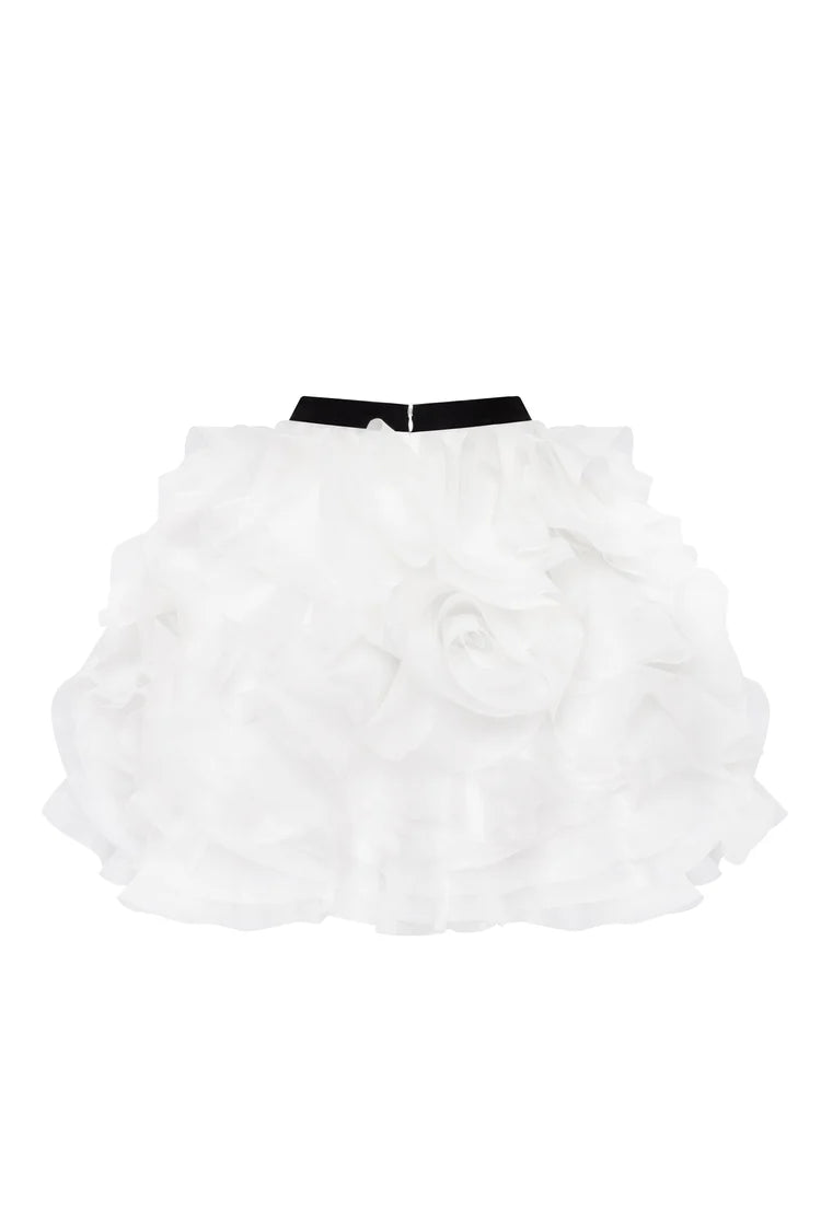 Heart Shaped Black Corset with Ruched White Flower Mini Skirt