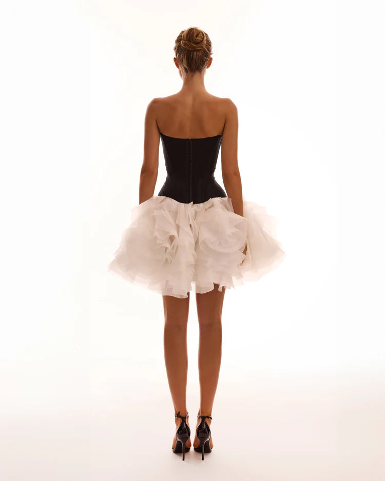 Heart Shaped Black Corset with Ruched White Flower Mini Skirt