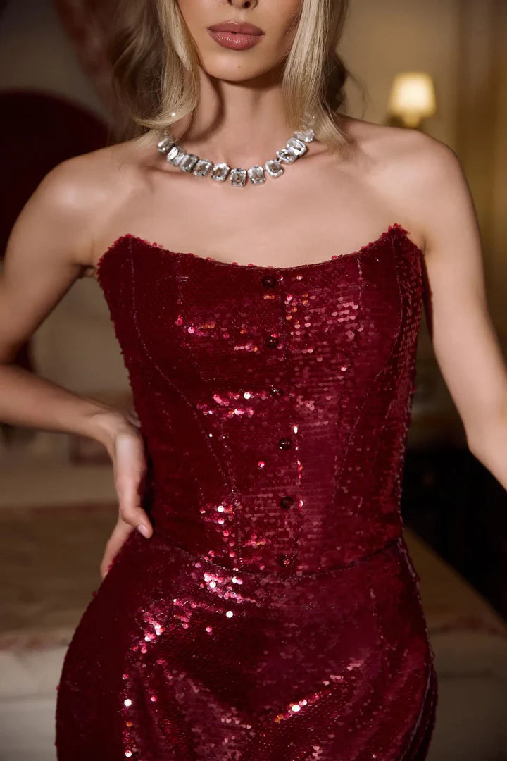 Rosso Sequin Strapless Gown