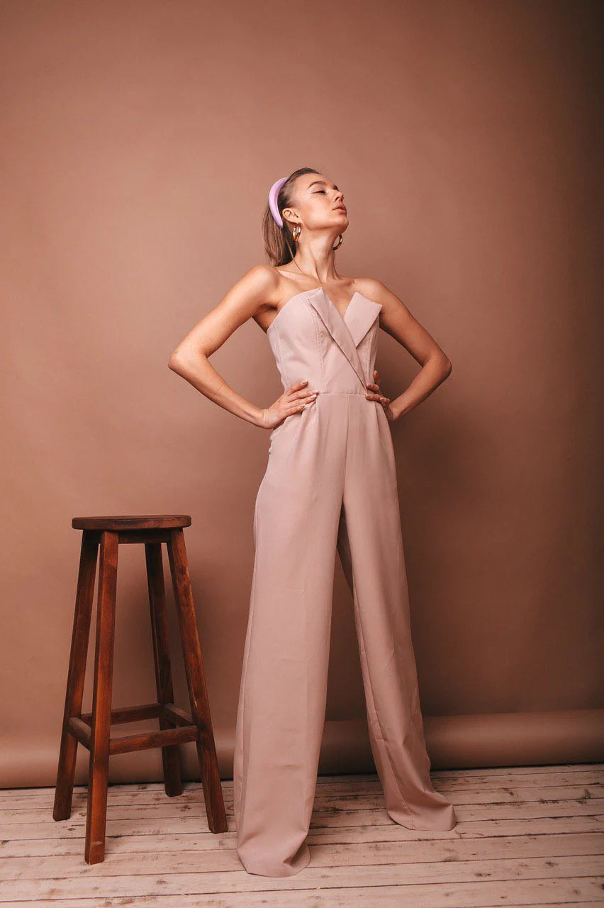 Classic Beige V-neck Sleeveless Jumpsuit