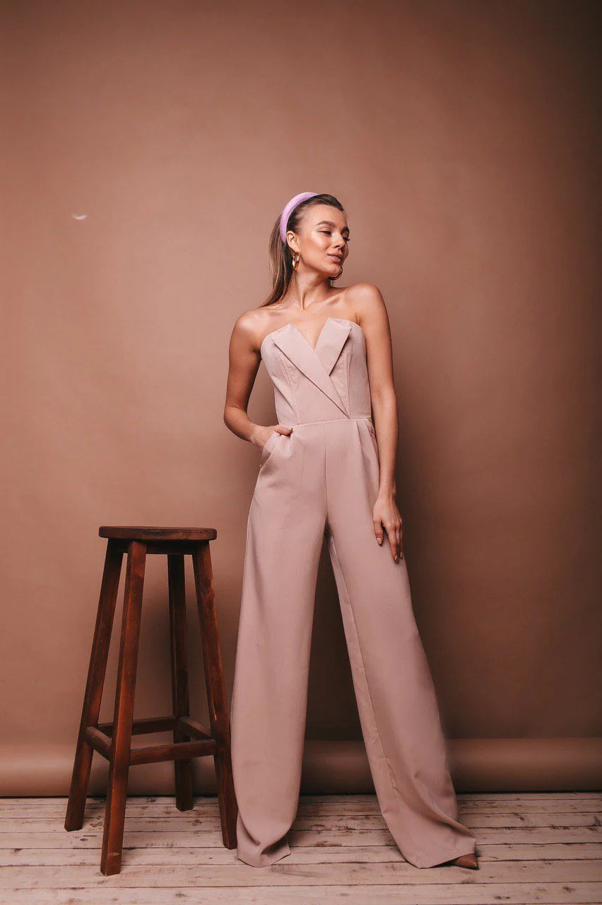 Classic Beige V-neck Sleeveless Jumpsuit