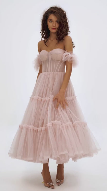 Pink Peony Ruffle Tulle Midi Dress