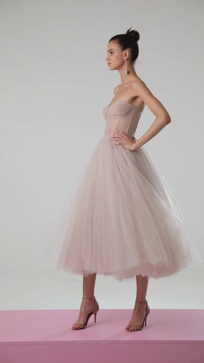 Strapless Blush Bloom Midi Tulle Dress