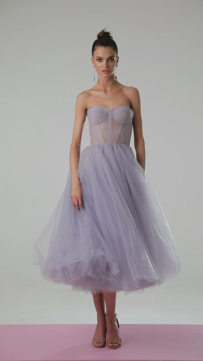 Strapless Lavender Bloom Midi Tulle Dress