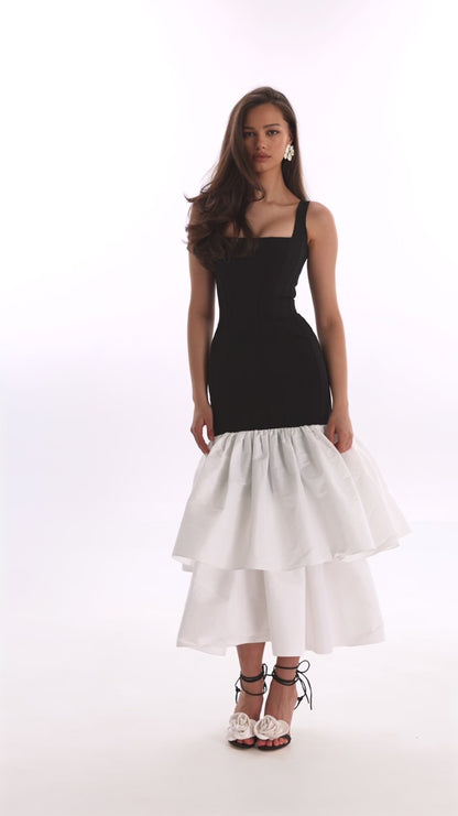 Black Contour maxi dress with Ivory Puffy Tiered Skirt, Parisienne