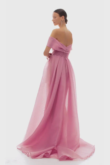Reverie Off Shoulder misty rose maxi dress