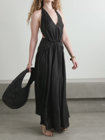 Halterneck Backless Draped Silk Dress