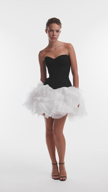 Heart Shaped Black Corset with Ruched White Flower Mini Skirt