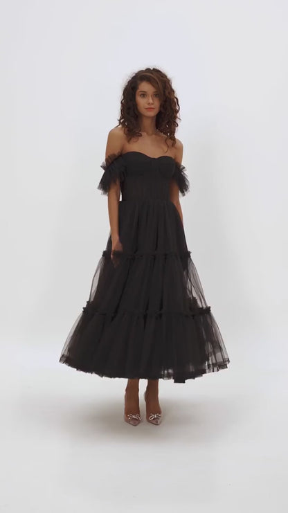 Obsidian Night Ruffle Tulle Midi Dress