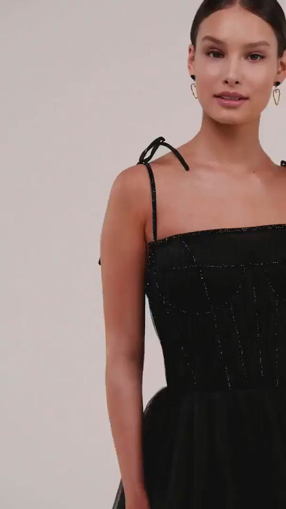 Black Ribbon Strap Cocktail Dress with Onyx Corset Embroidery