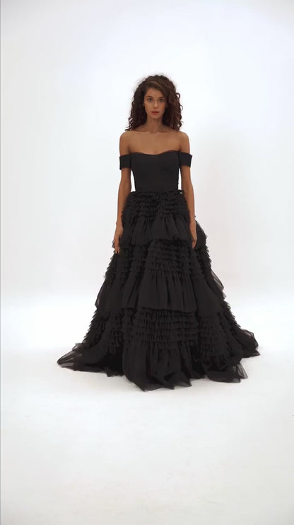 Black Swan Off Shoulder Frill Layered Gown