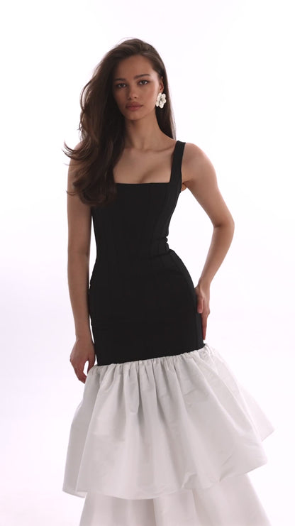 Black Contour maxi dress with Ivory Puffy Tiered Skirt, Parisienne