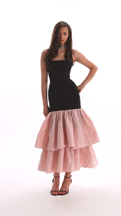 Pink Contour maxi dress with Ivory Puffy Tiered Skirt, Parisienne
