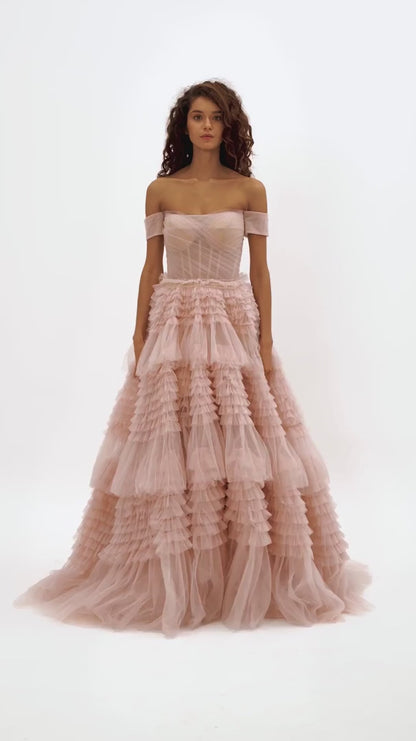 Misty Roselle Off Shoulder Frill Layered Gown