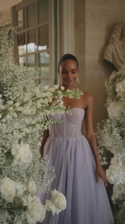 Strapless Lavender Bloom Midi Tulle Dress