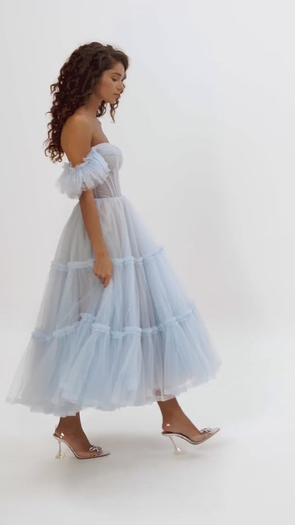 Soft Blue Ruffle Tulle Midi Dress