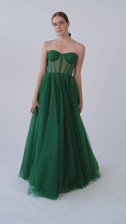 Forest Green Tulle Muse Gown with a Corset Bustier