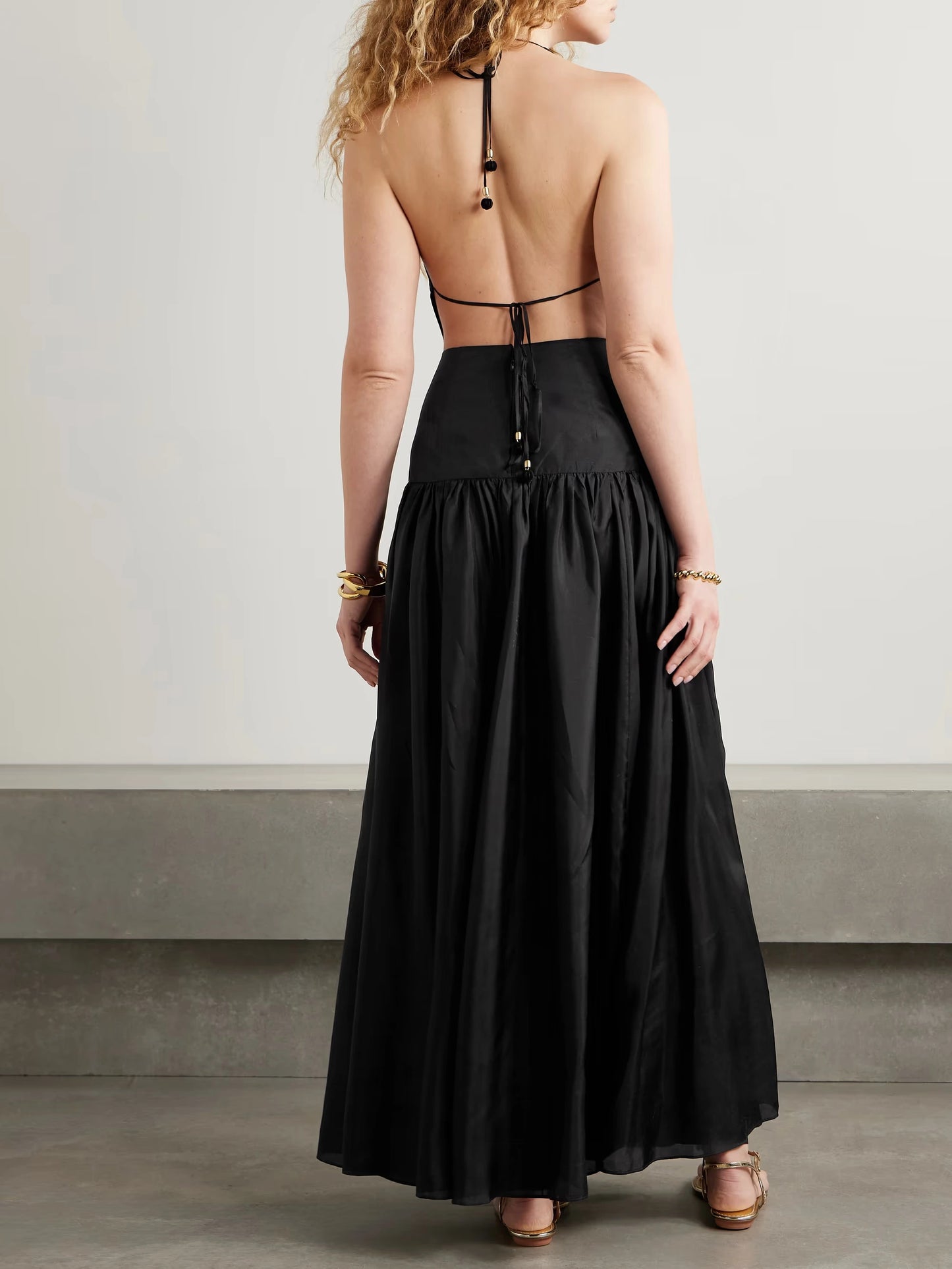 Halterneck Backless Draped Silk Dress